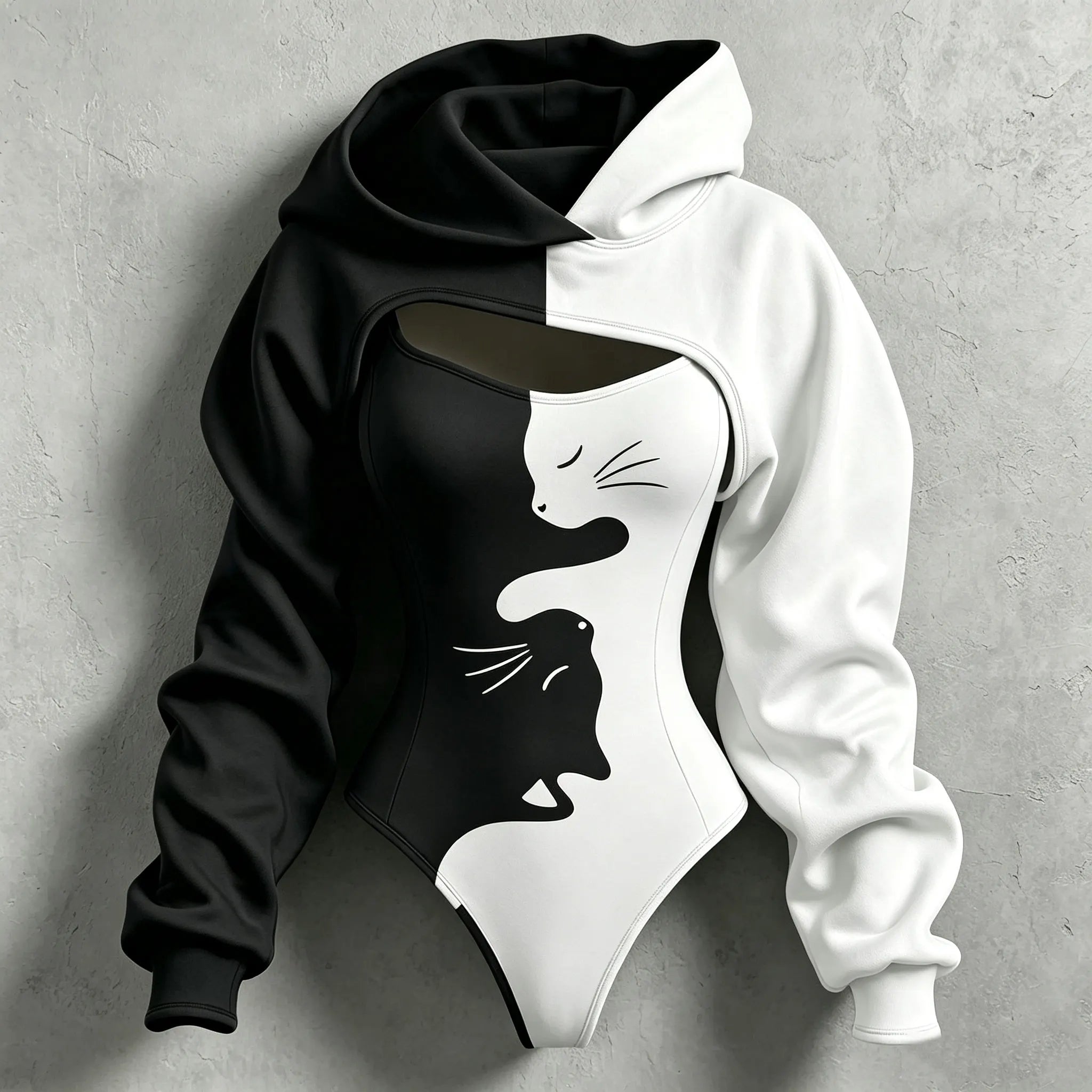 Women's Retro Halloween Color Block Cat Print Hoodie Two-piece Set